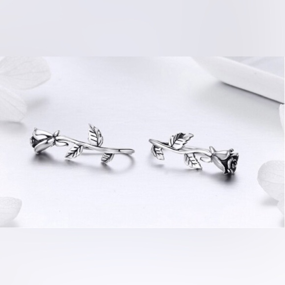 925 Sterling Silver Rose Flower Plant Stud Earrings for Women